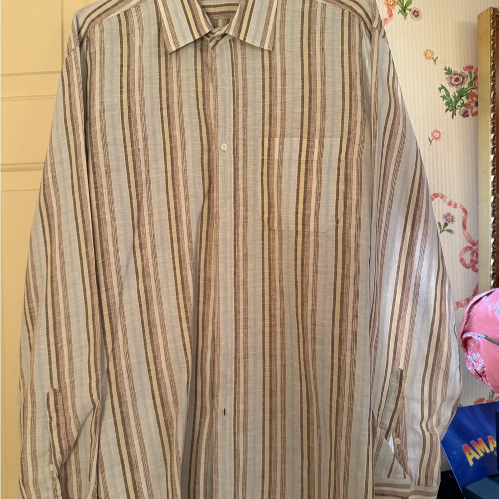 Casual Brown and White Striped Button Down Shirt